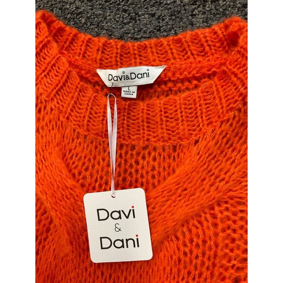 Davi & Dani Womens Bright Orange Open-Knit Sweater With Cable Detail - Picture 3 of 5